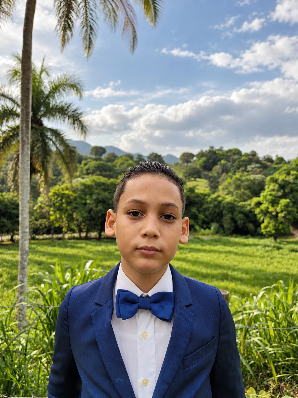 Portrait of a boy in a blue suit and bow tie in a garden.