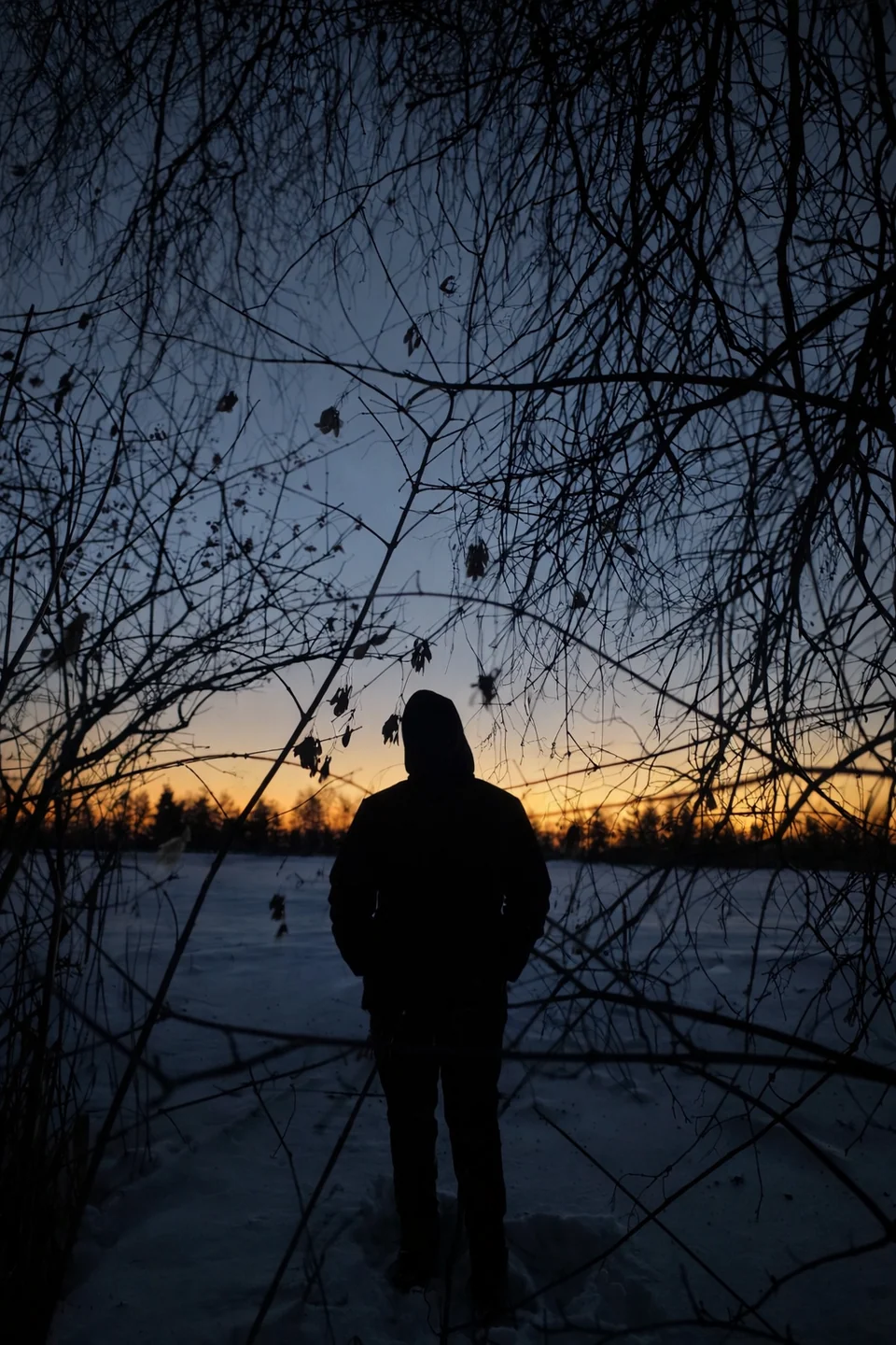 Silhouette of a person among dark branches against the glow of the horizon.