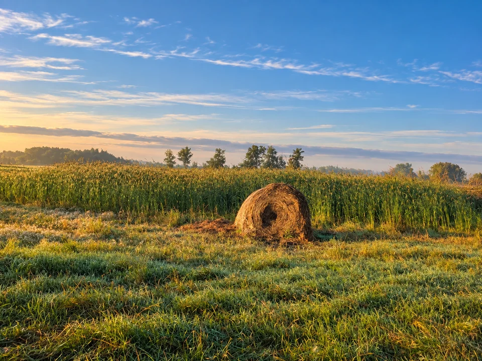Hay bale in an open field under a blue sky.