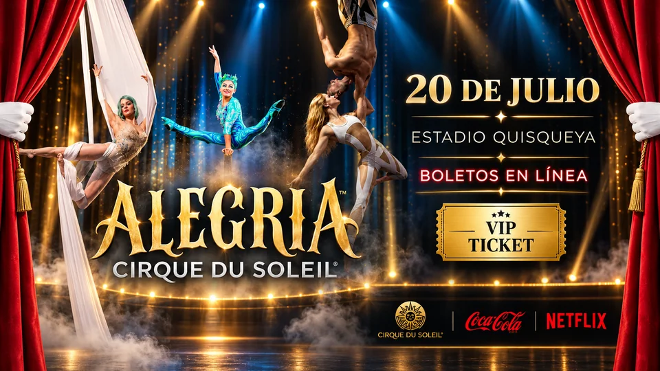Horizontal show poster with red curtains and performers on stage.