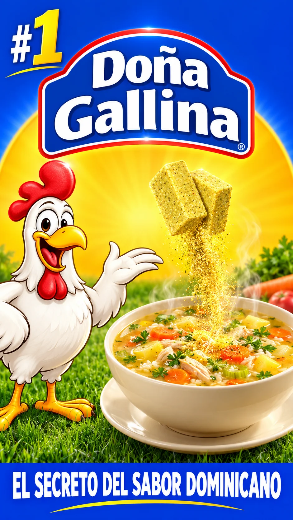 Doña Gallina graphic composition in yellow, blue and red.