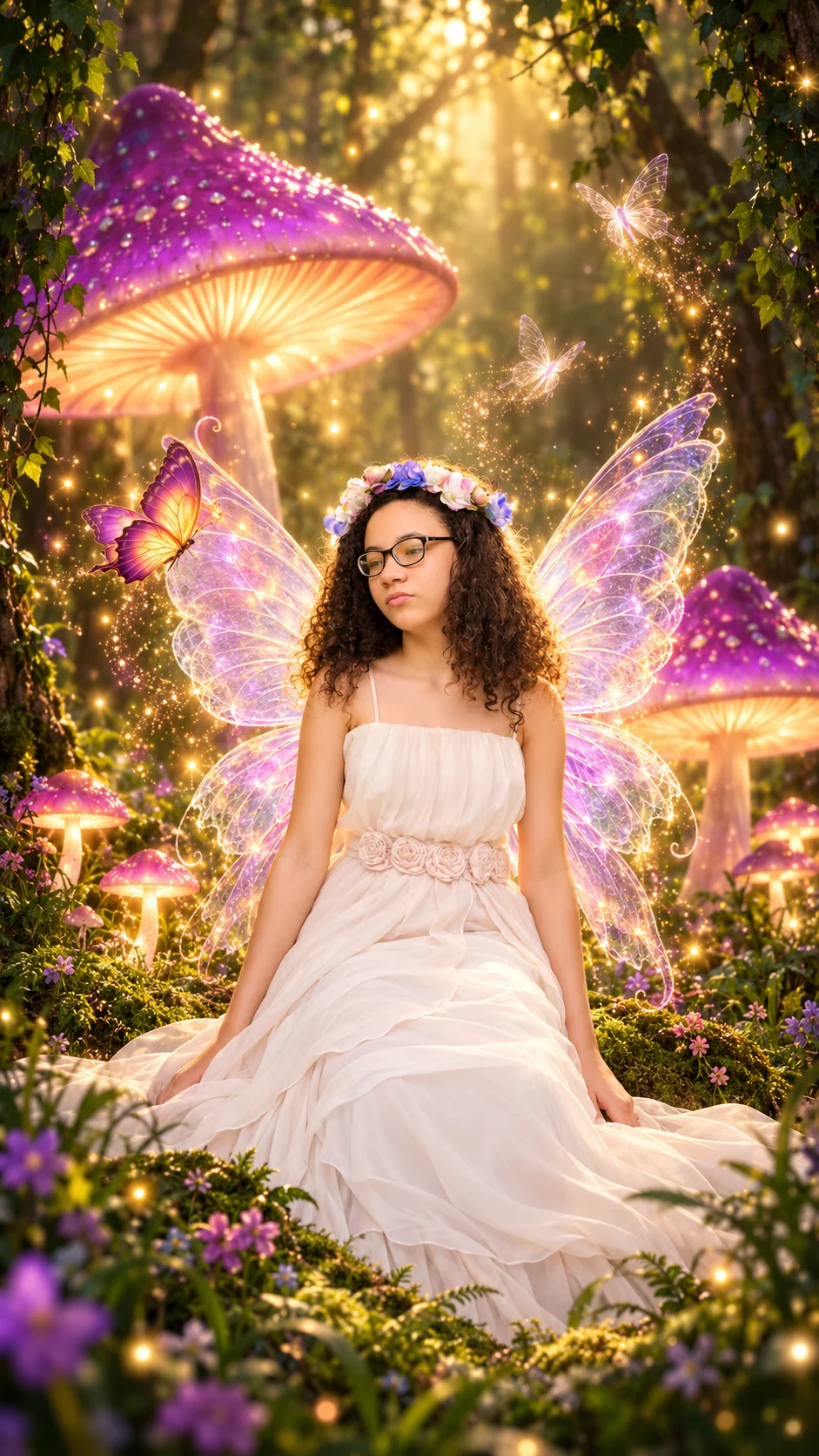 Composite of a woman surrounded by giant glowing mushrooms.