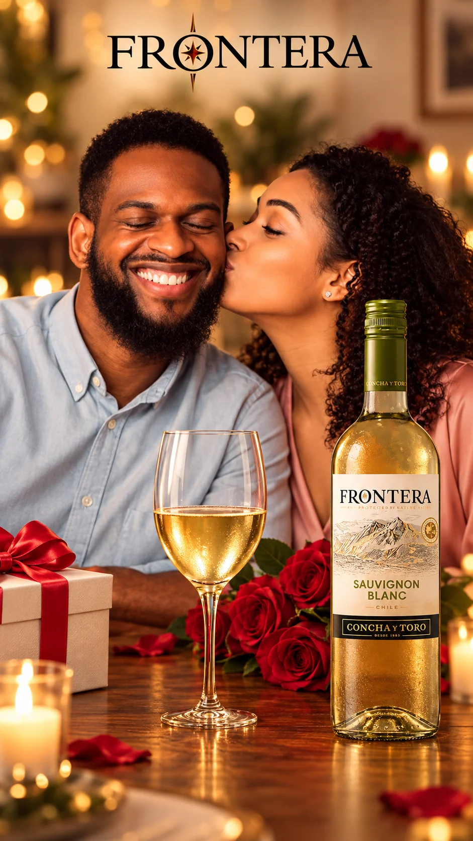Composition of a couple, a bottle of wine and glasses.