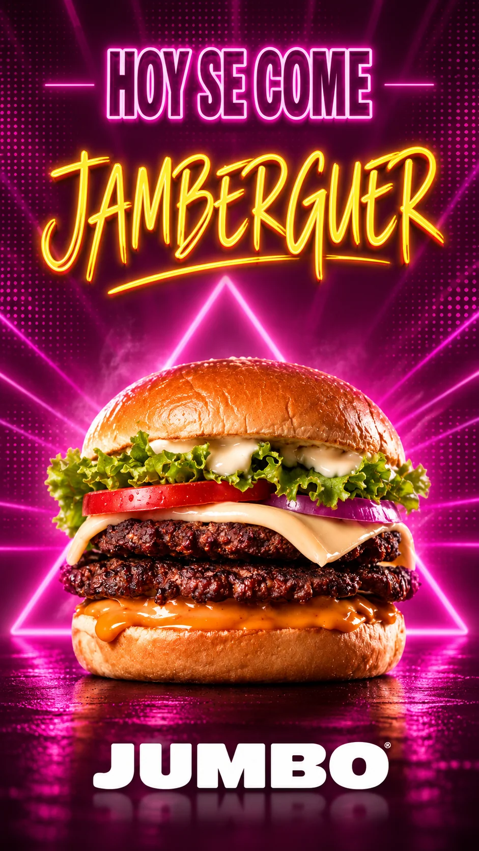 Burger composition on a magenta background with neon lettering.