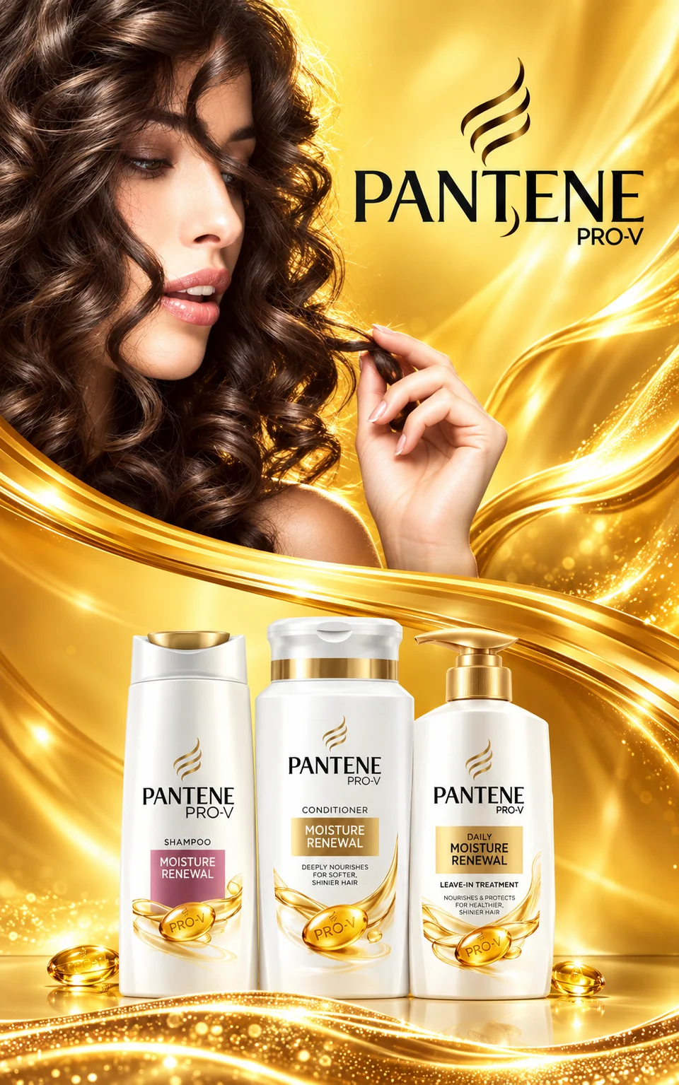 Composition of hair products and a portrait on a gold background.