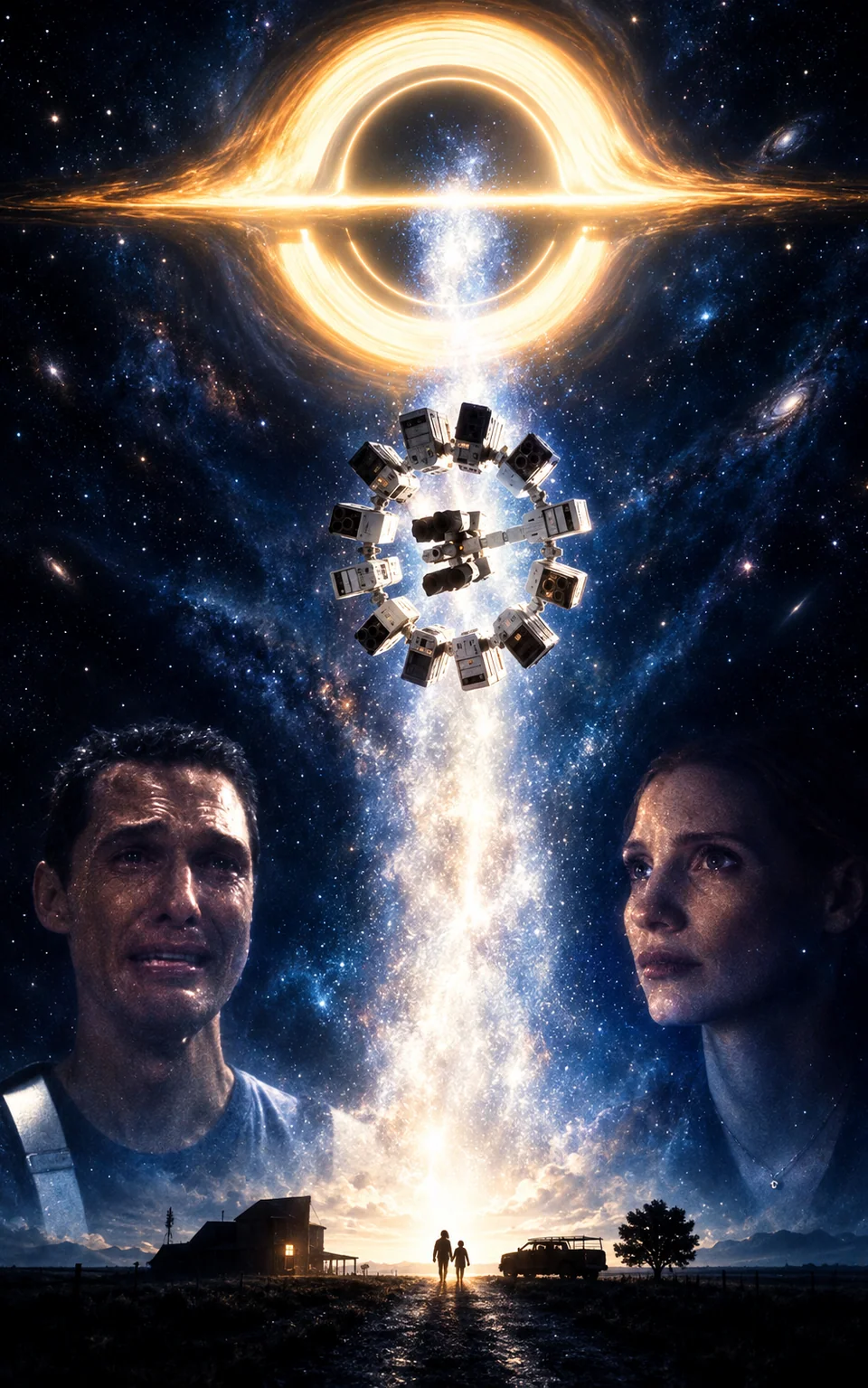 Space poster with a black hole, a spaceship and a portrait.