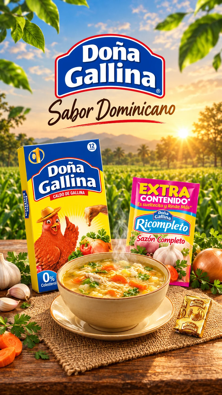 Composition of Doña Gallina products with a plate of food and greenery.