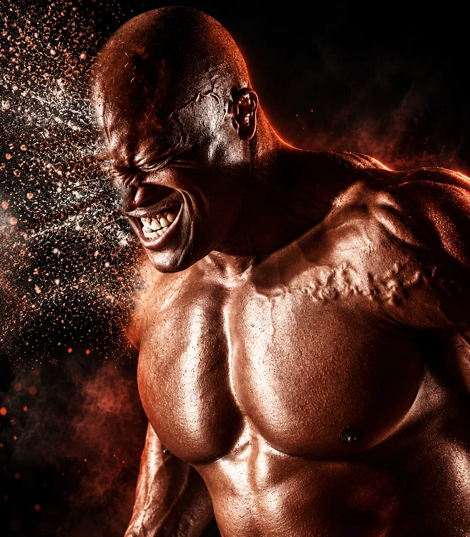Photo composite of a character who is half human, half creature.