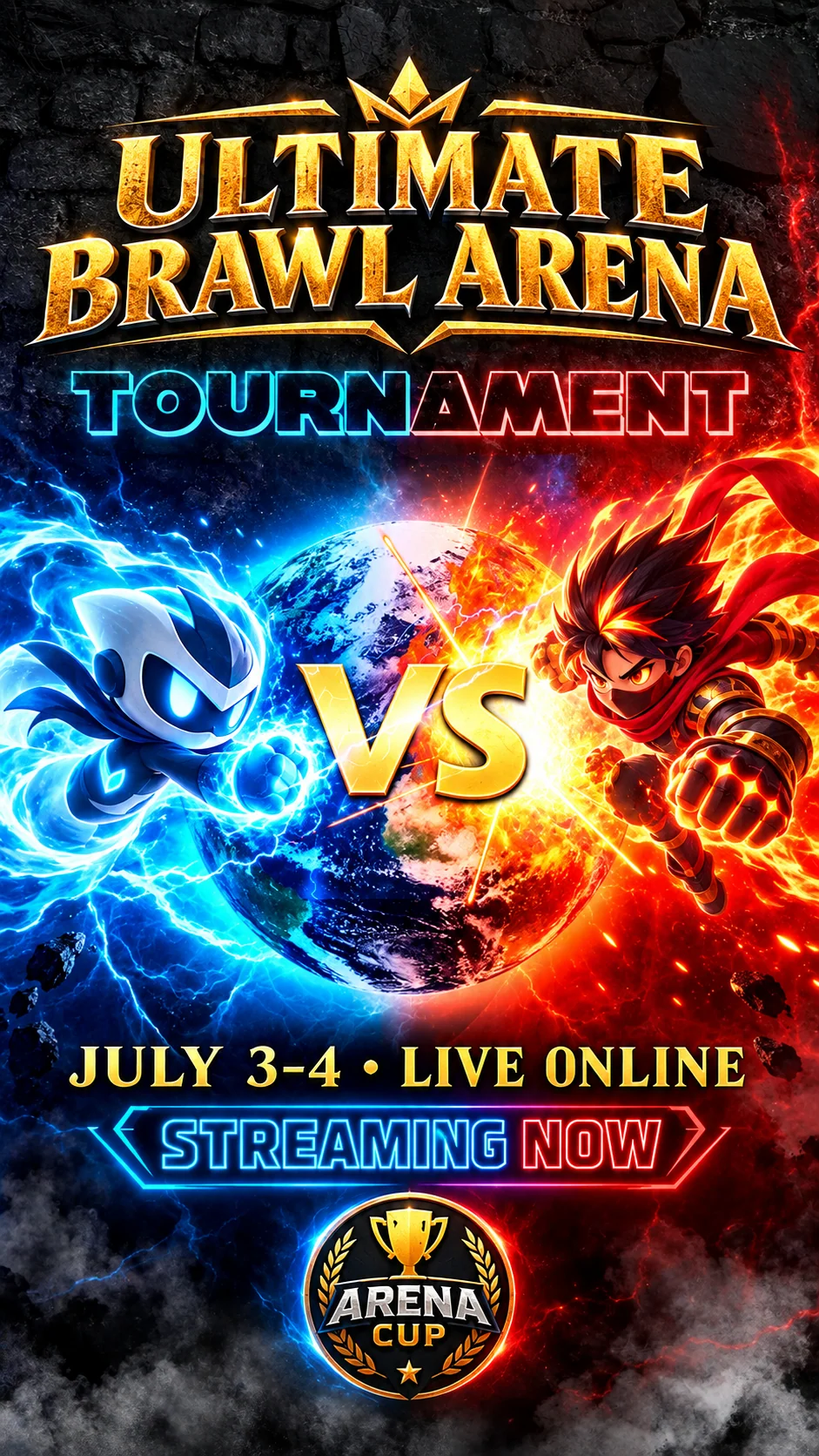 Video game poster with rival characters in blue and orange.
