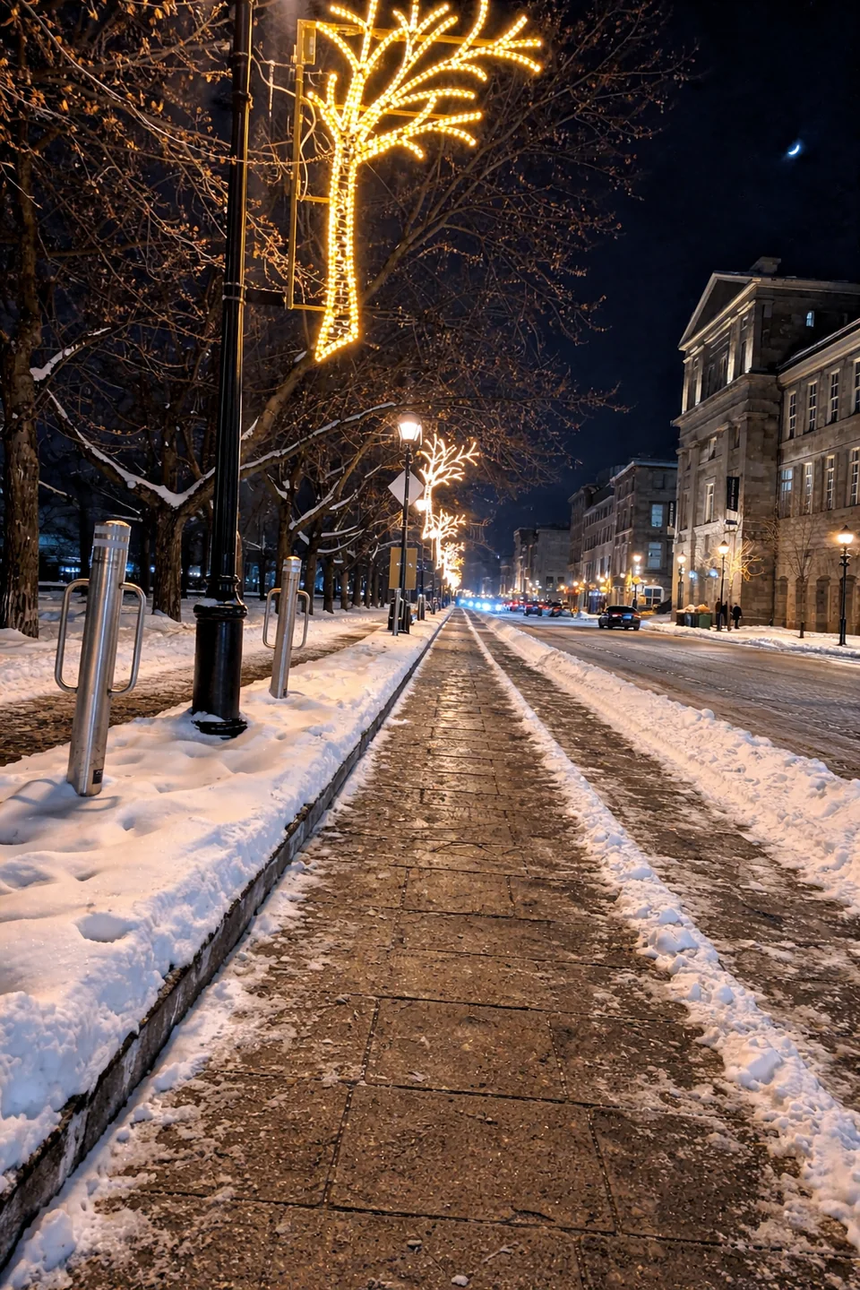 Snowy trail with warm lights in the trees.