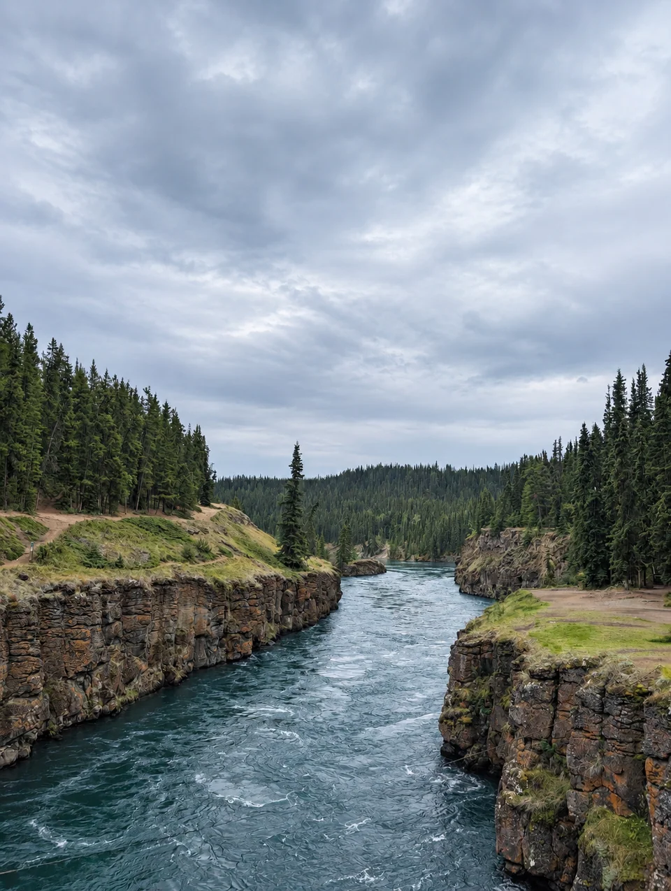 River of green water between rock walls and conifer forest under a cloudy sky.