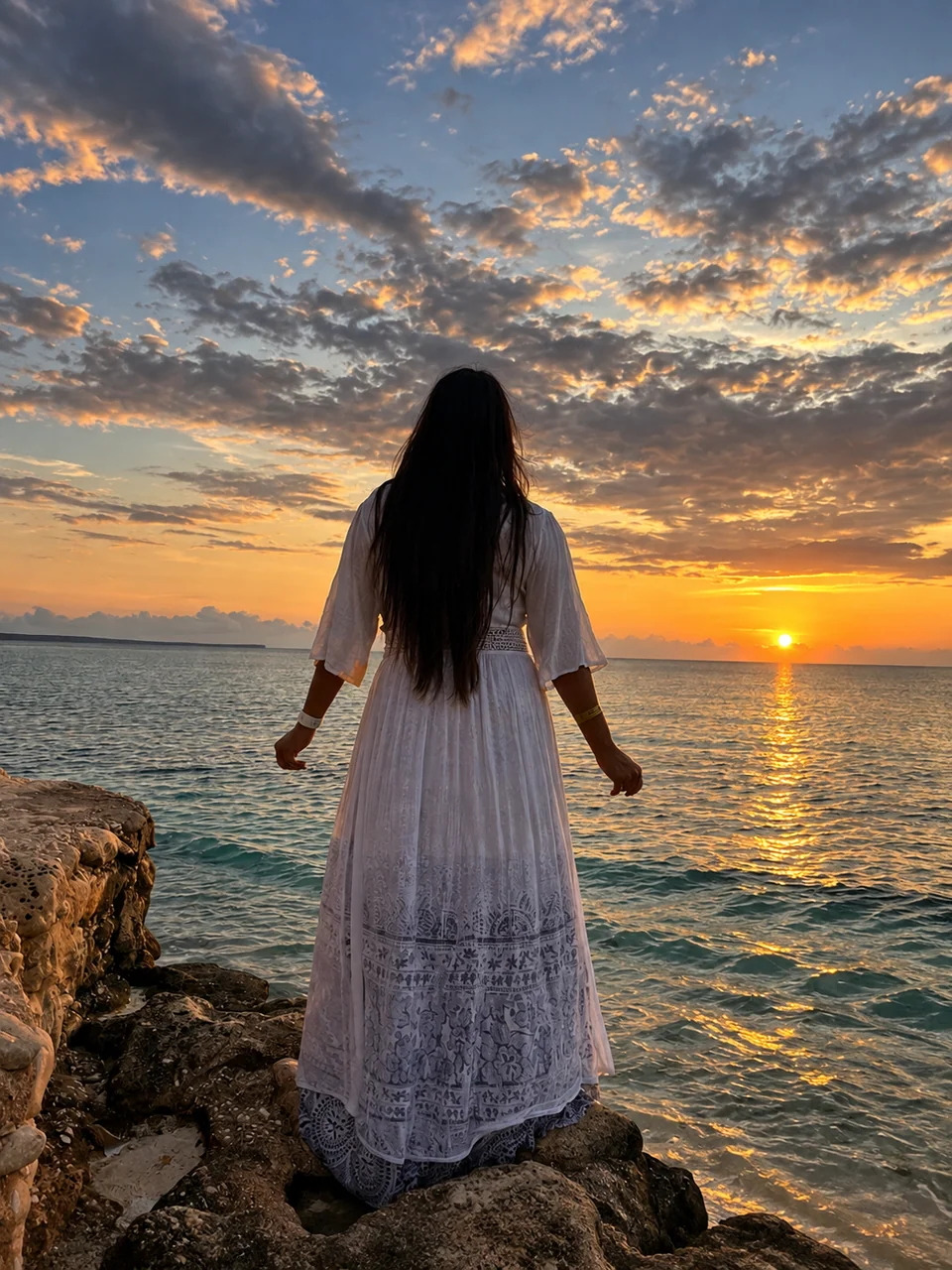 A woman, seen from behind, looking at the sea at sunset.