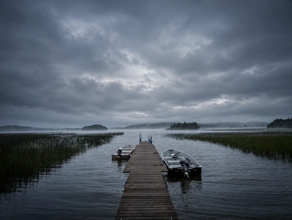Wooden pier over the water under a gray sky.
