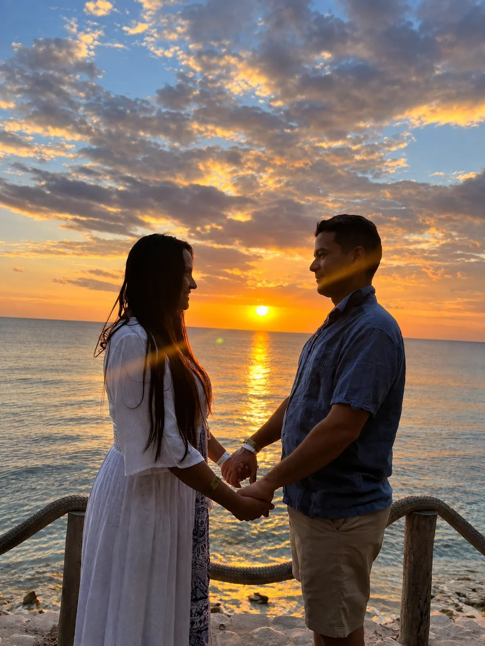 A couple face to face by the sea under an orange sky.