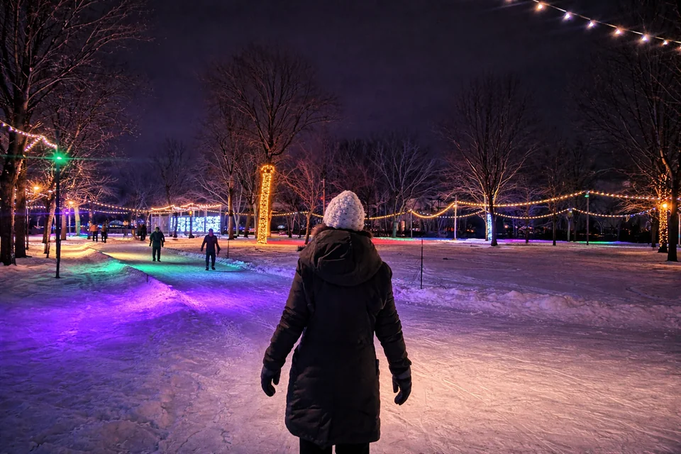 A person, seen from behind, in a night space lit in violet and blue.