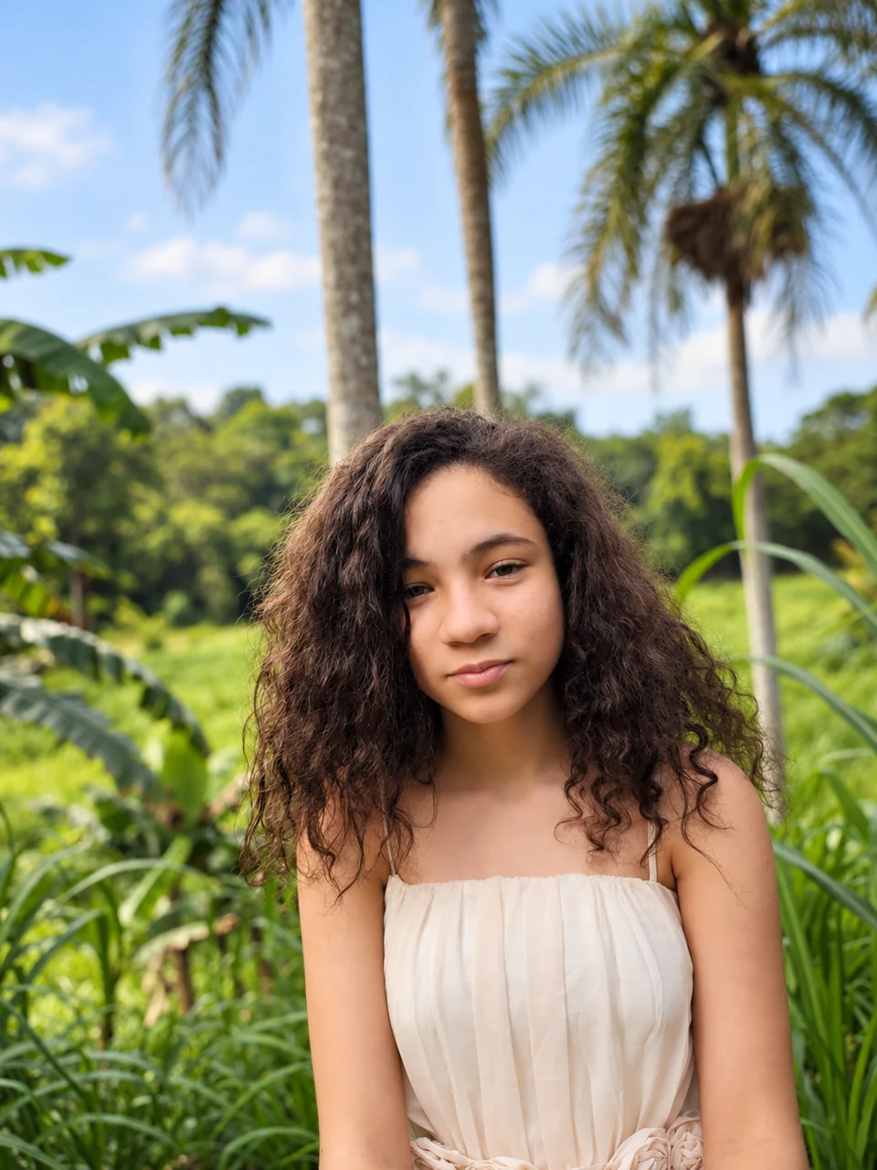 Portrait of a woman in a palm garden.