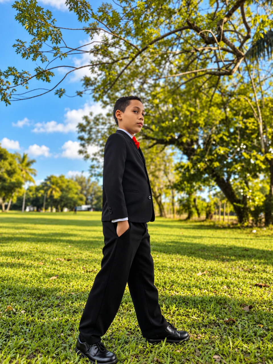 A person dressed in black walks under sunlit trees.