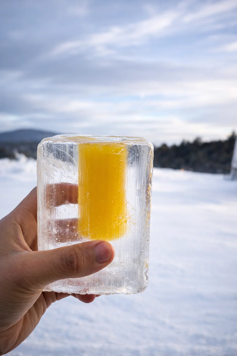 A hand holds a glass made of ice with an orange drink, over a snowy landscape.