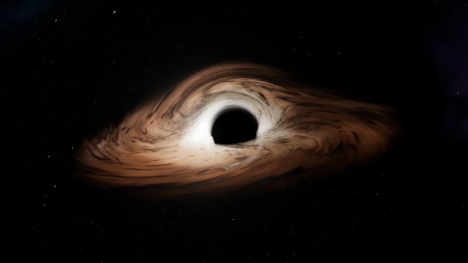 Fondo 4K del disco de acreción de Gargantúa visto desde arriba, con sus remolinos de gas cobrizo alrededor de la sombra.