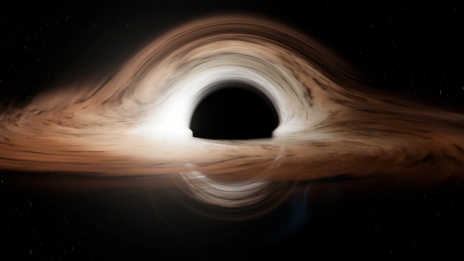 Fondo 4K de la lente gravitacional de Gargantúa: la sombra grande, el disco cruzándola y su imagen duplicada por encima y por debajo.