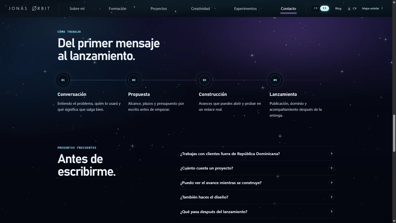 The “How I work” section of the services page, with its four steps: conversation, proposal, build and launch.