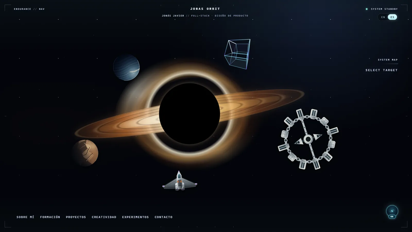 La portada del sitio con JavaScript desactivado: Gargantúa, los planetas y las naves dibujados en SVG, y los seis destinos en texto en la parte inferior.