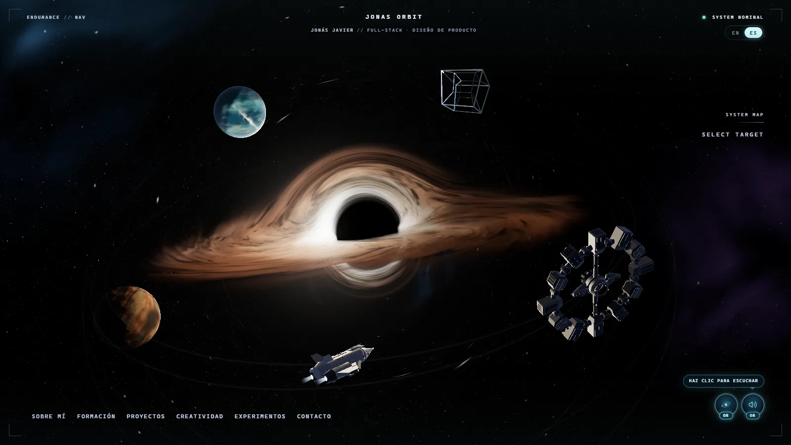 La portada con la escena WebGL: Gargantúa trazado en tiempo real con su disco cobrizo, Miller, Edmunds, la Endurance y la Ranger alrededor.