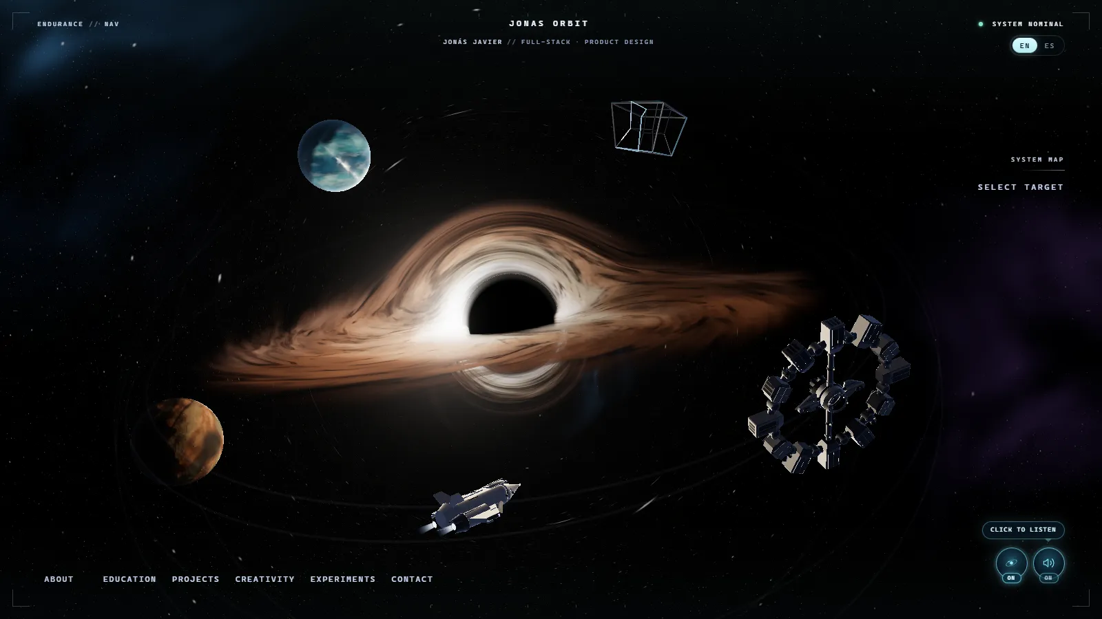The home page with the WebGL scene: Gargantua traced in real time with its copper disk, and Miller, Edmunds, the Endurance and the Ranger around it.