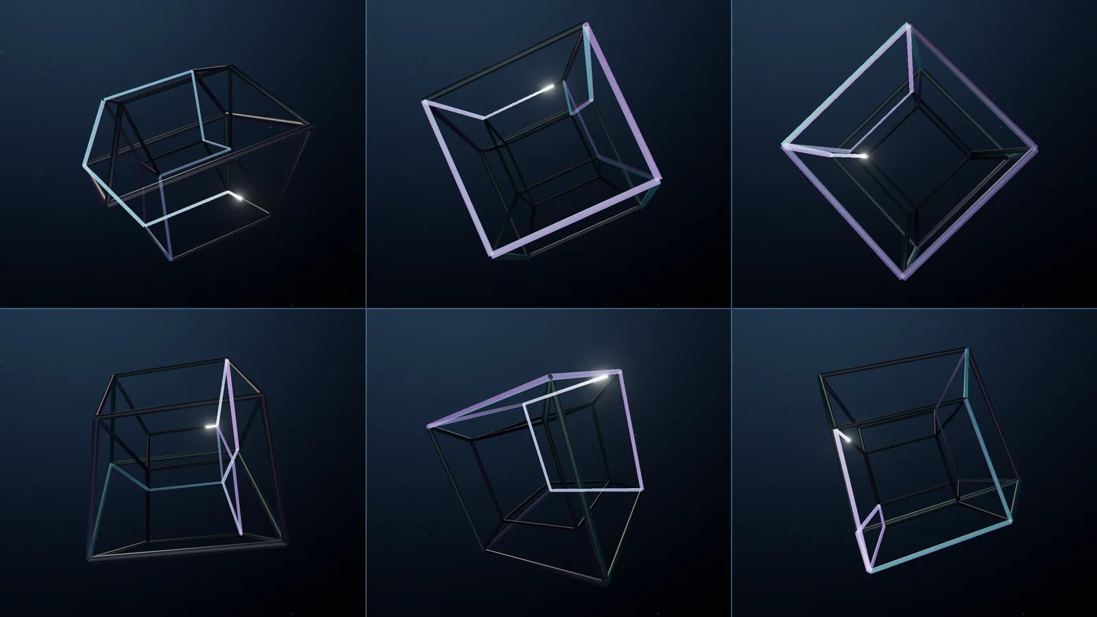 Six frames of the same tesseract at different moments of its rotation: sometimes a cube inside another, sometimes a flattened shape.