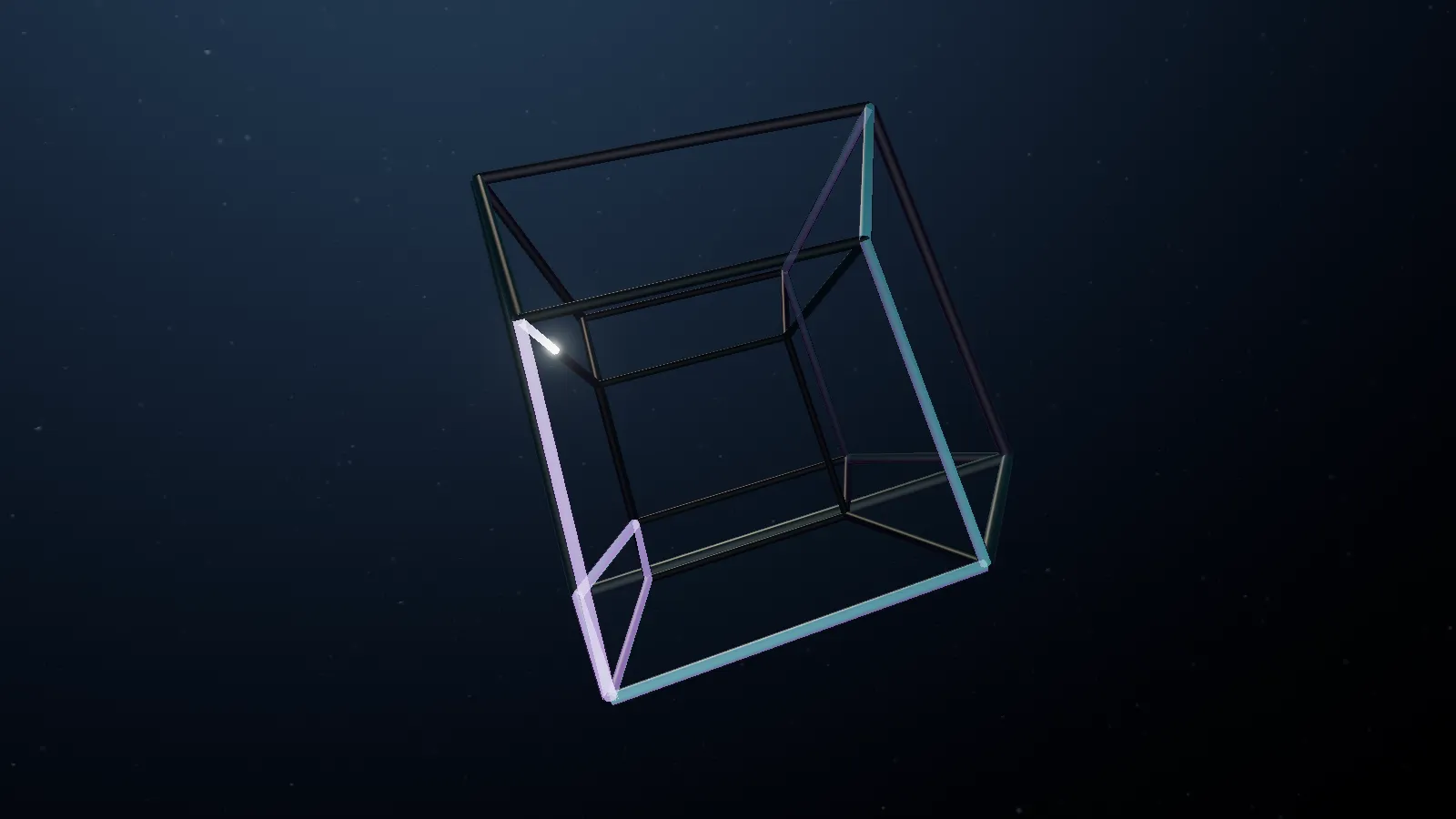 The tesseract with the cell nearer in W drawn with thick, bright edges and the far cell with thin, dark ones.