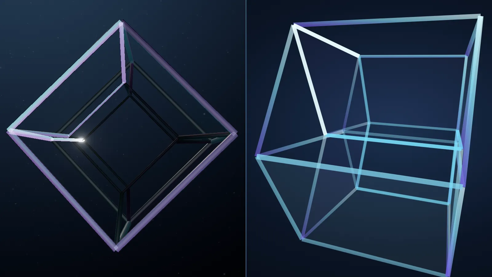 On the left, the tesseract in WebGL with glass tubes; on the right, the same tesseract drawn in SVG with coloured lines.