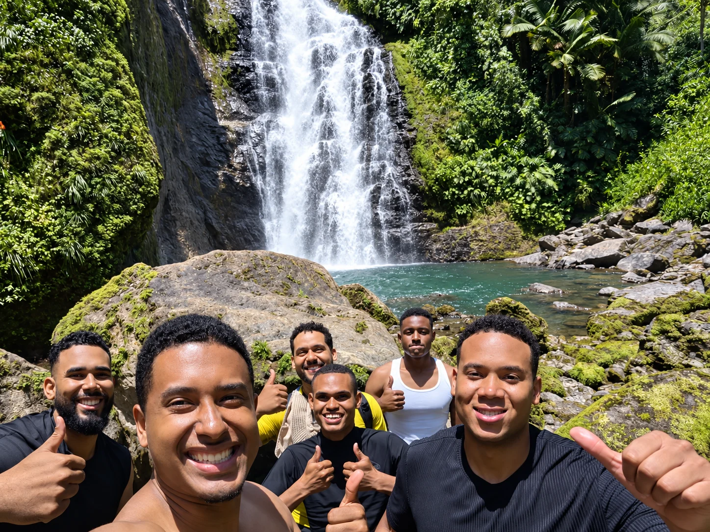 Jonás with his friends in front of a waterfall surrounded by greenery