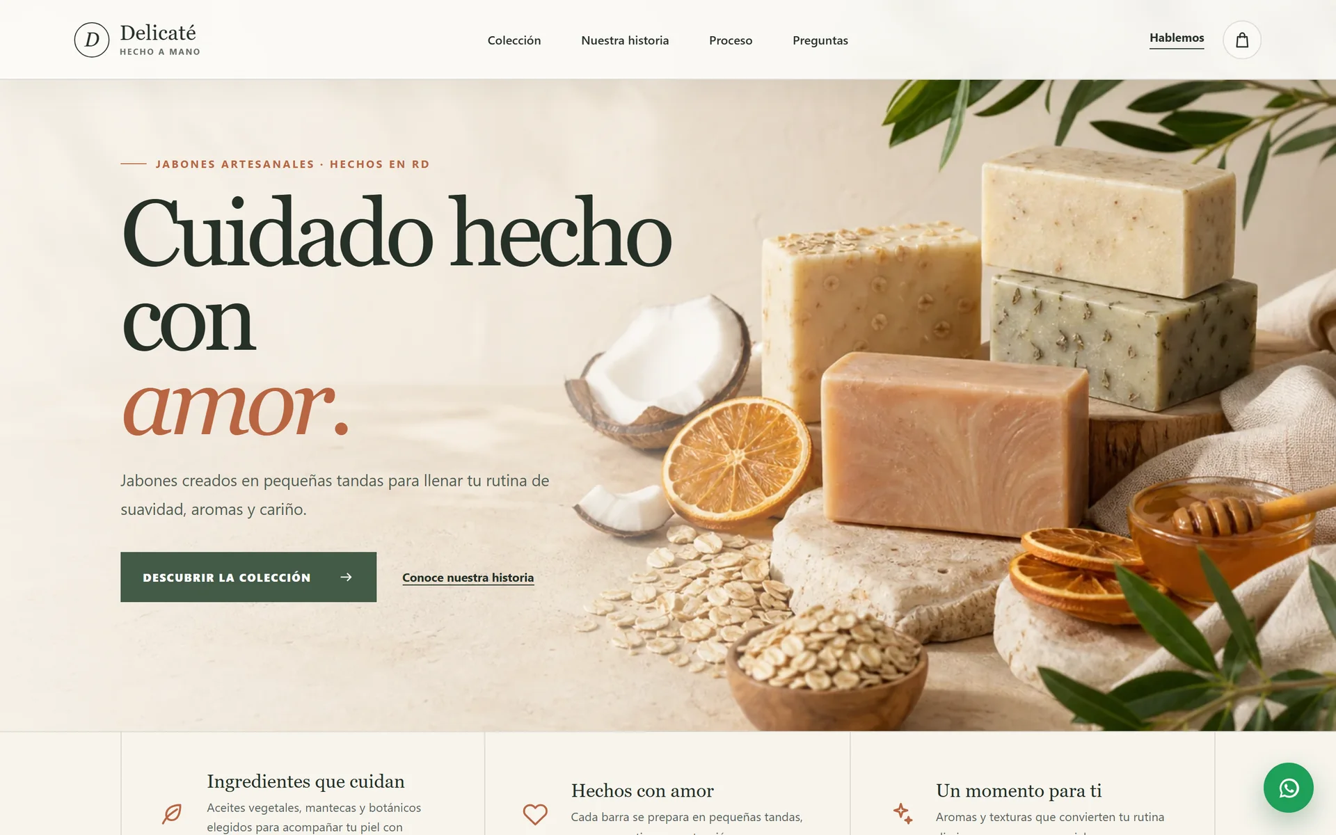 Delicaté home page with the headline “Cuidado hecho con amor” (Care made with love) and handmade soaps with coconut, orange and oats