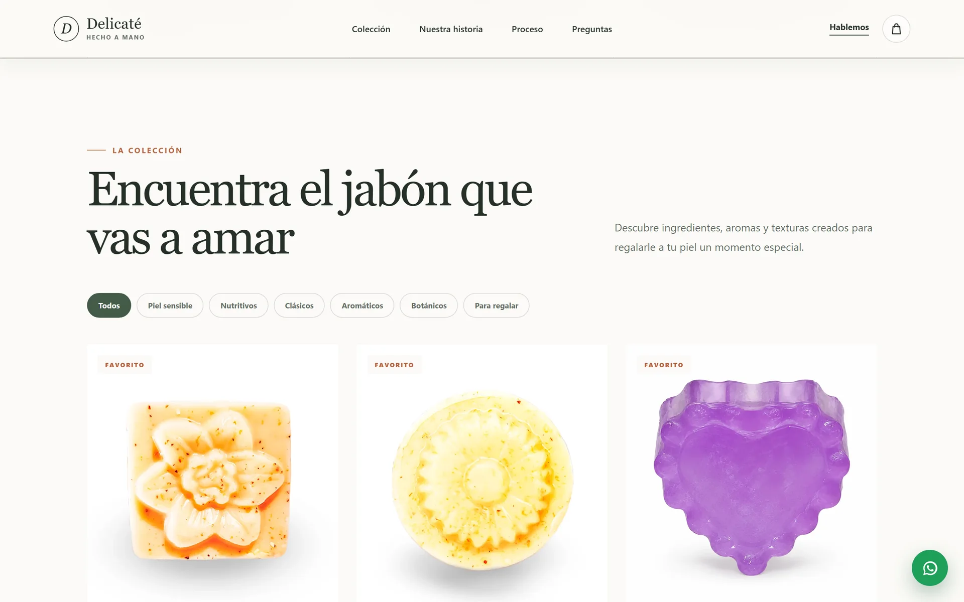 Delicaté catalog with category filters and three soaps marked as favorites