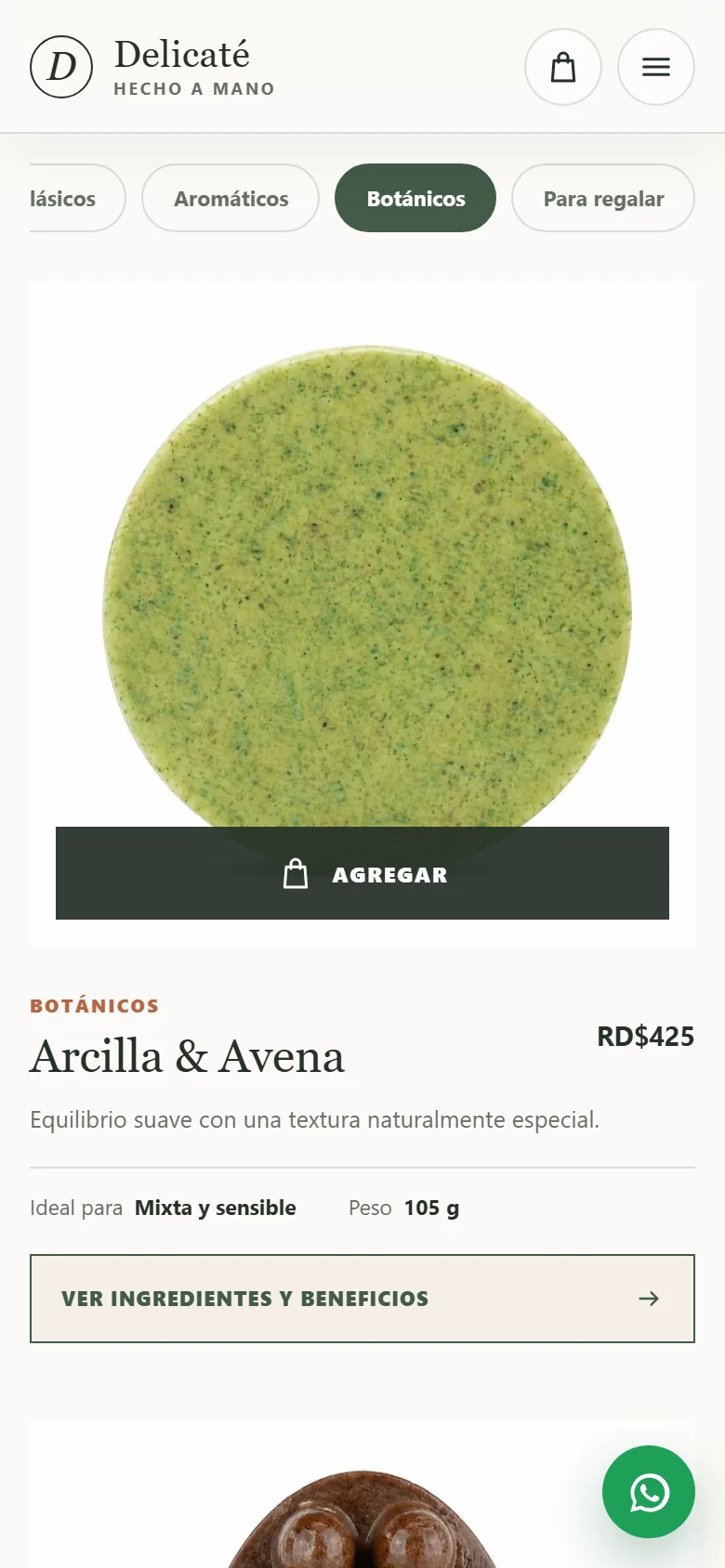 Arcilla & Avena card on mobile with the Botanicals filter active and the Add button visible