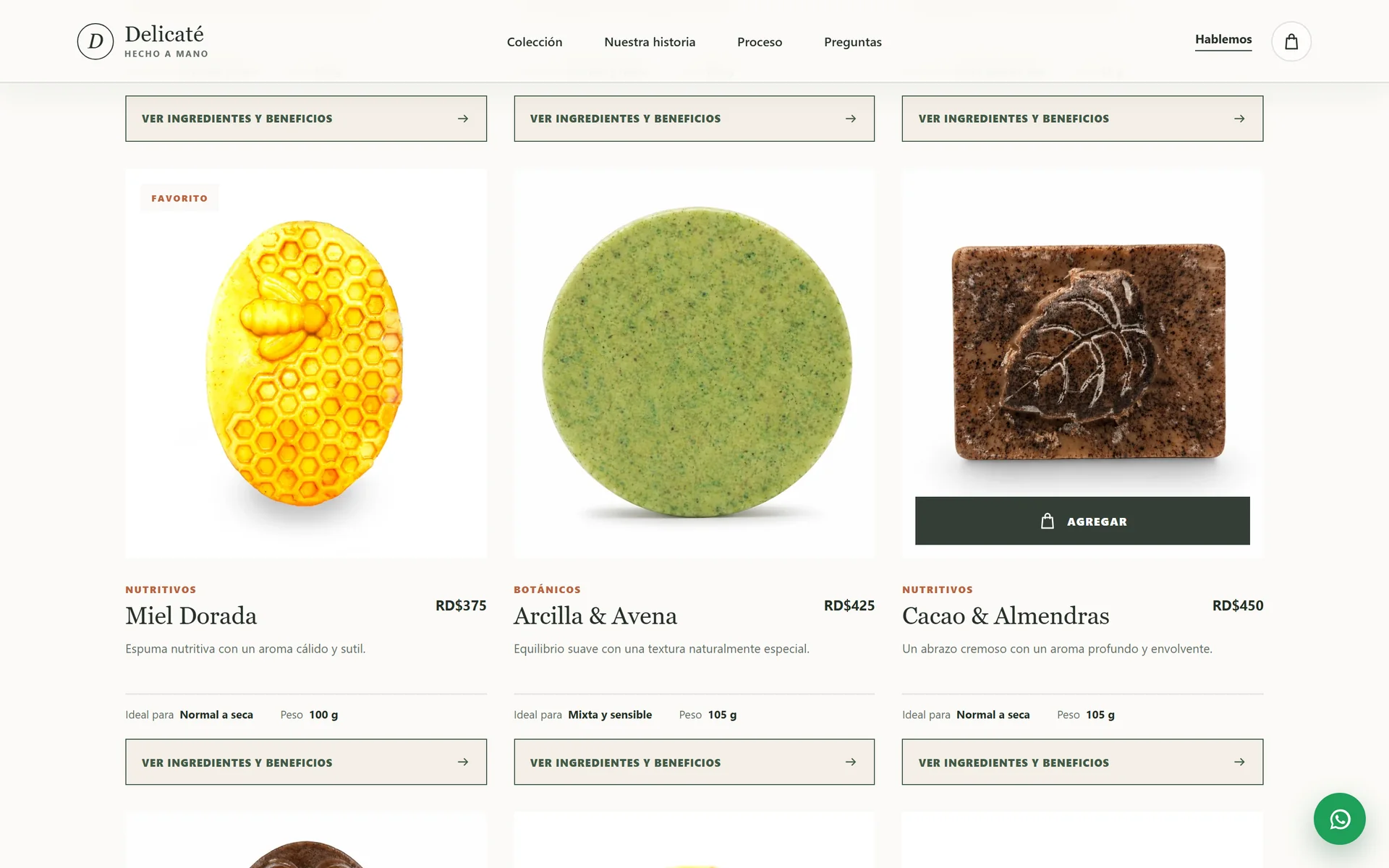 Cacao & Almendras card with the Add button over the photo on hover