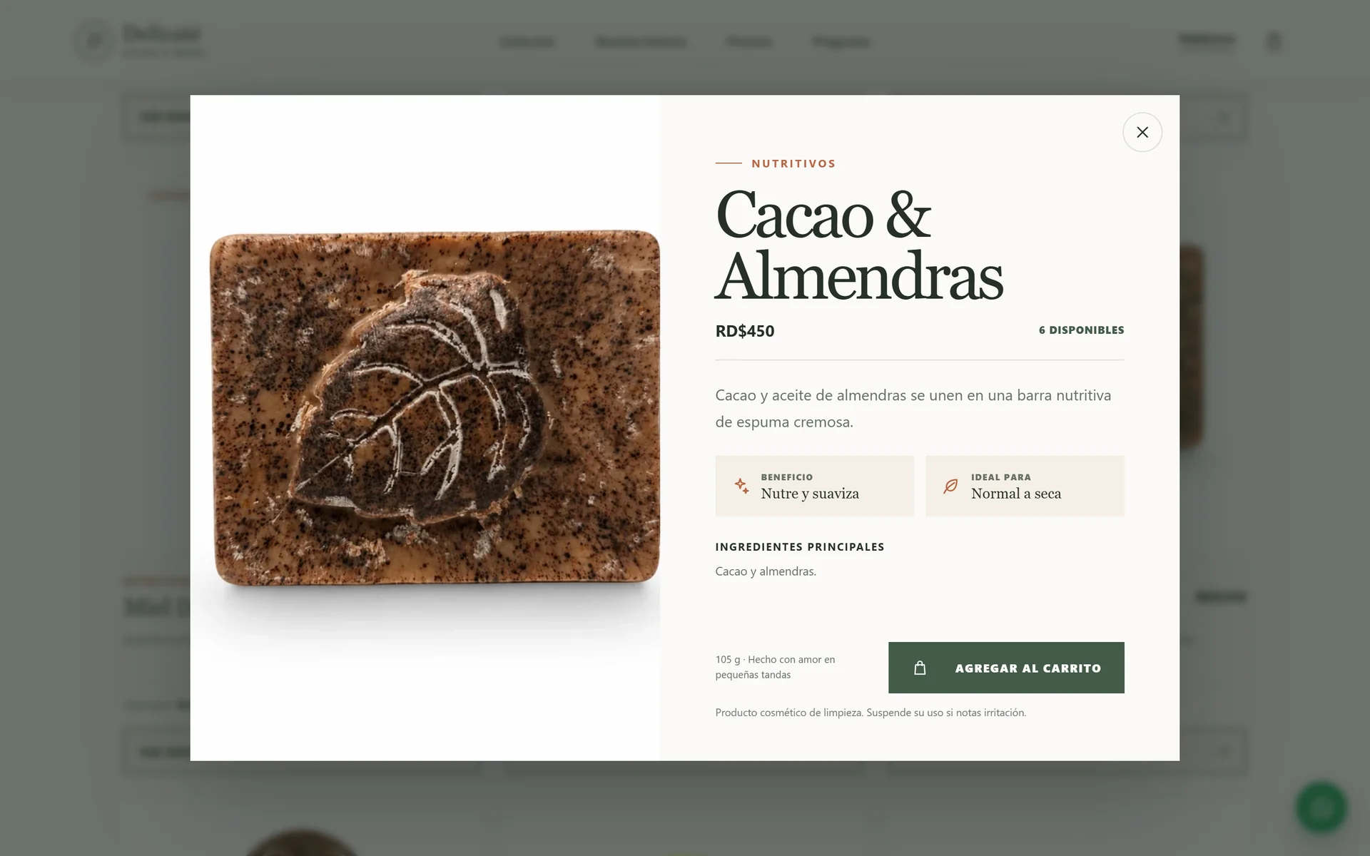 Cacao & Almendras product view with price, stock, benefit, skin type and ingredients