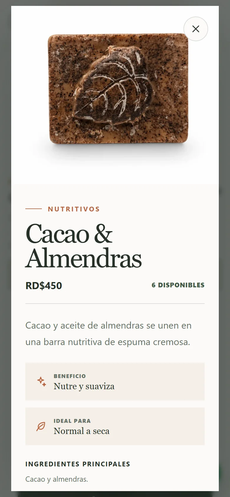 Cacao & Almendras product view on mobile with photo, price and benefits stacked