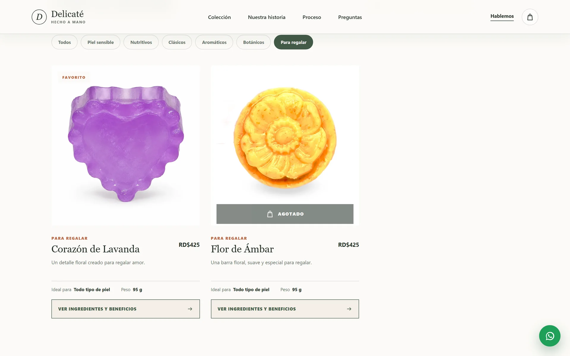 Catalog filtered by Gifts with Corazón de Lavanda and Flor de Ámbar marked as sold out