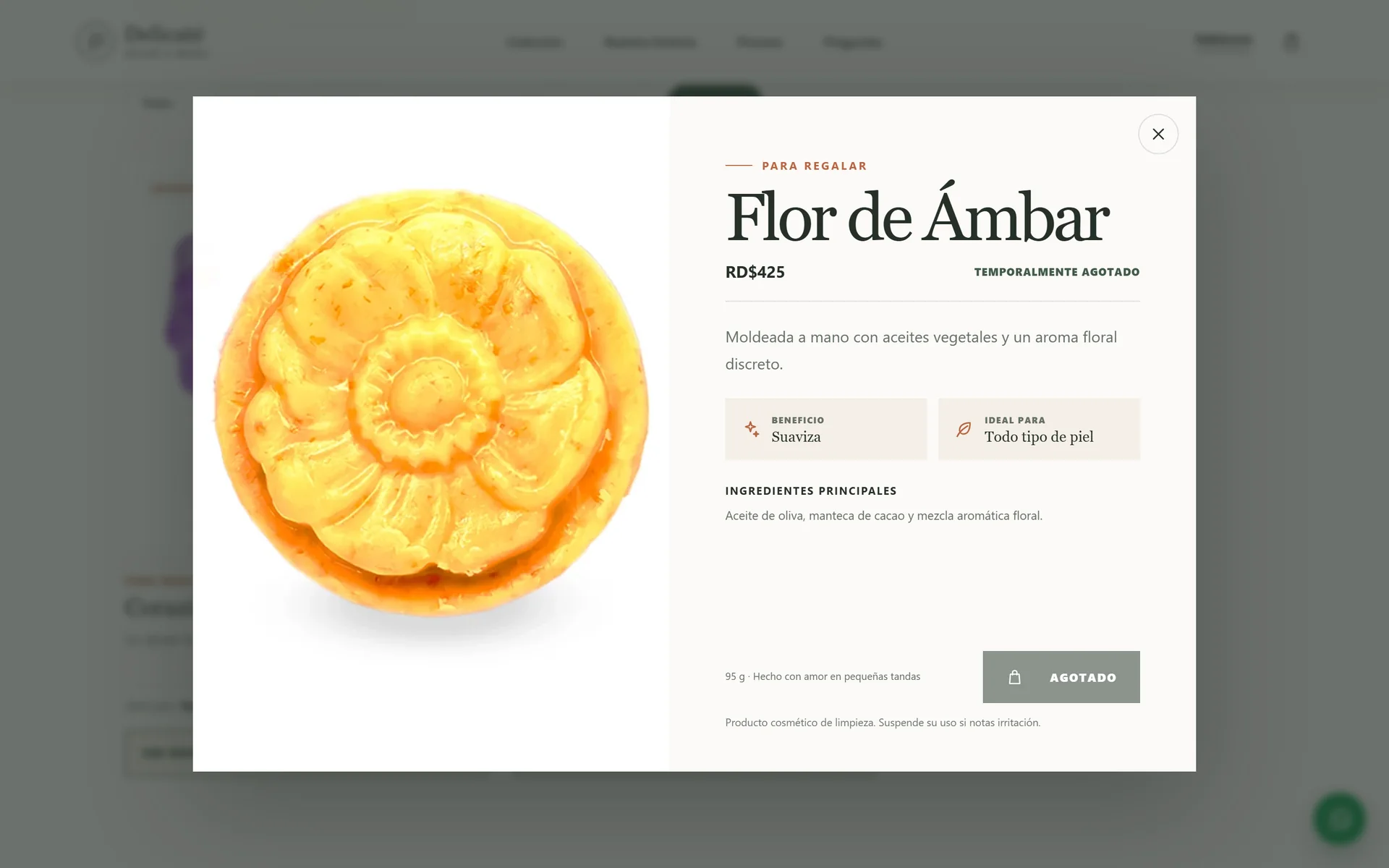 Flor de Ámbar product view with a Temporarily sold out label and a disabled button