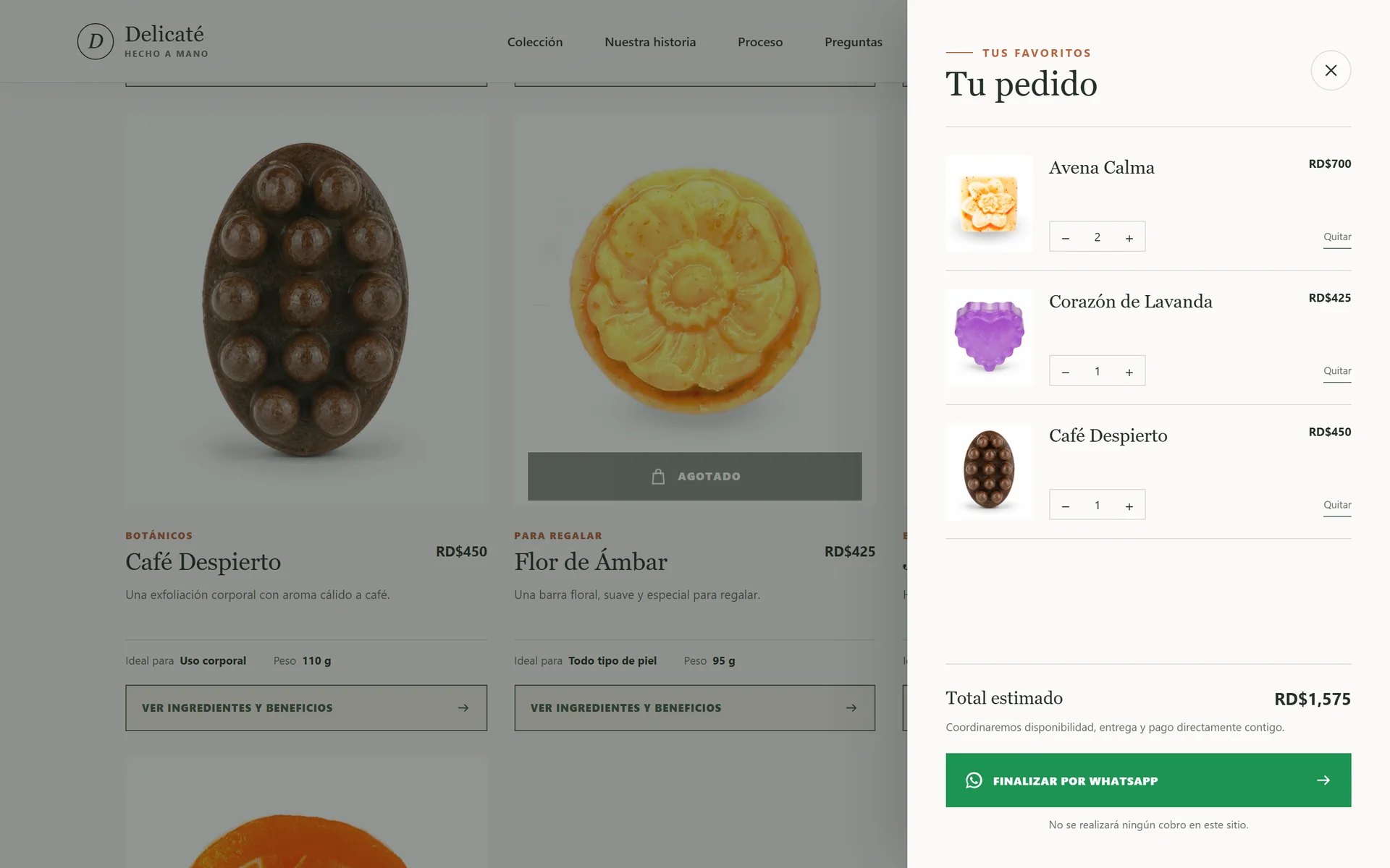Cart with Avena Calma, Corazón de Lavanda and Café Despierto and an estimated total of RD$1,575