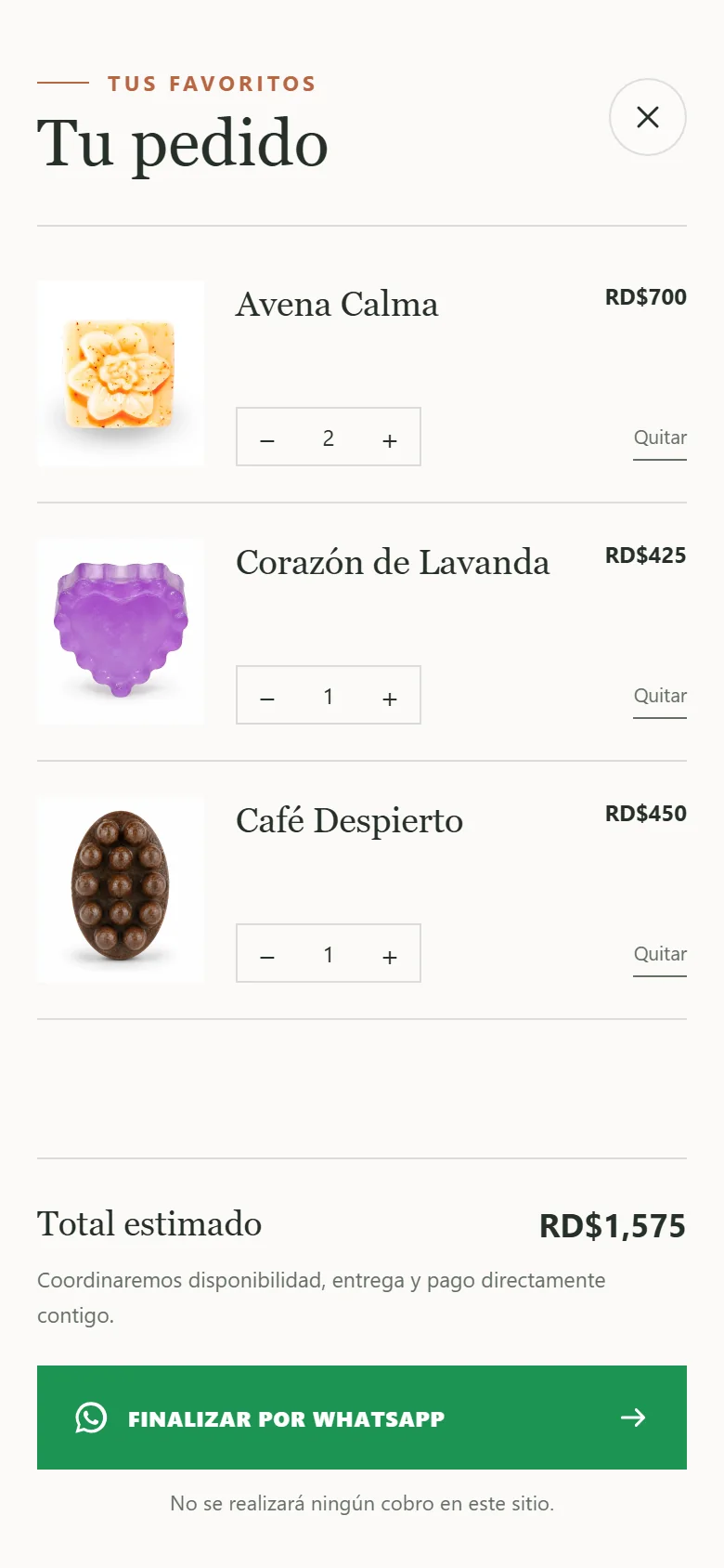Cart on a phone with three products and the green Finish on WhatsApp button