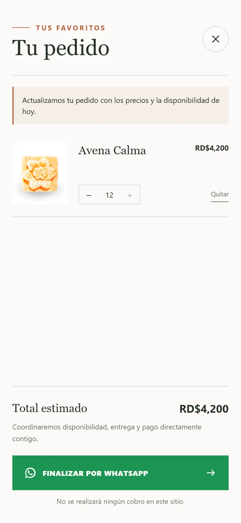 Cart on mobile with a notice that the order was updated to today's prices and availability