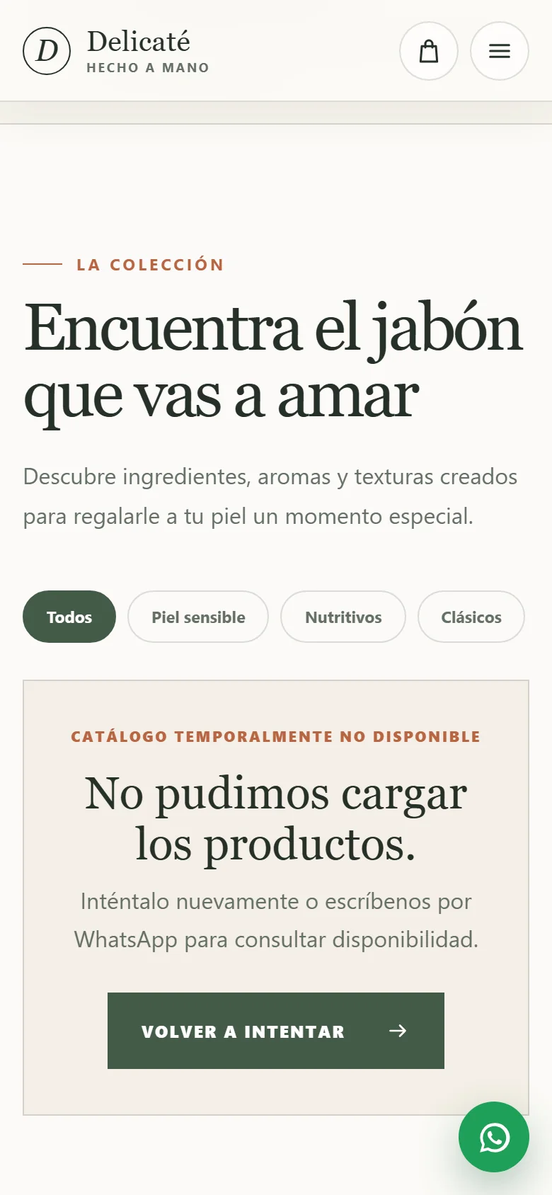 Catalog unavailable message on mobile with a Try again button