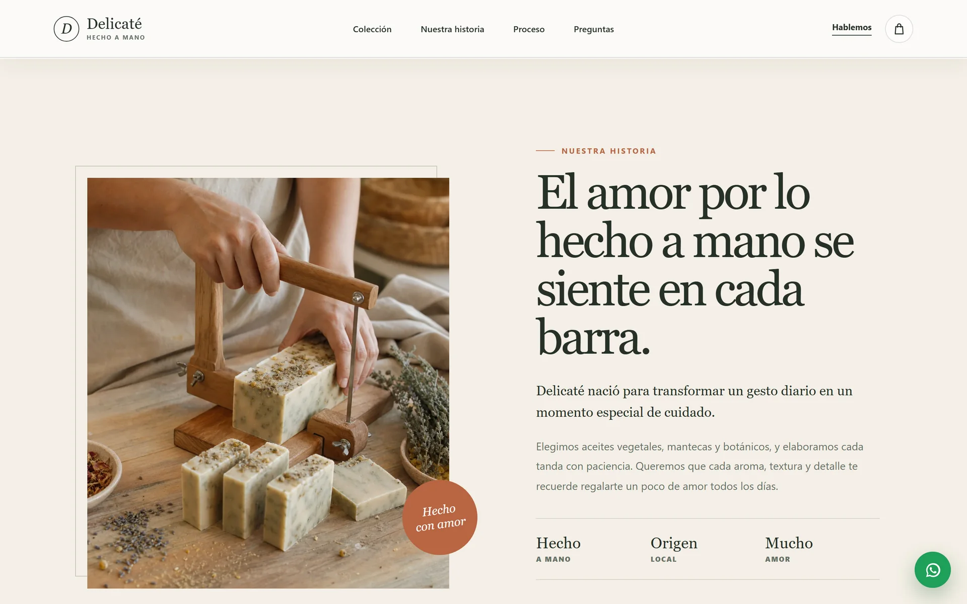 Our story section with a photo of soaps being cut by hand and the brand's text