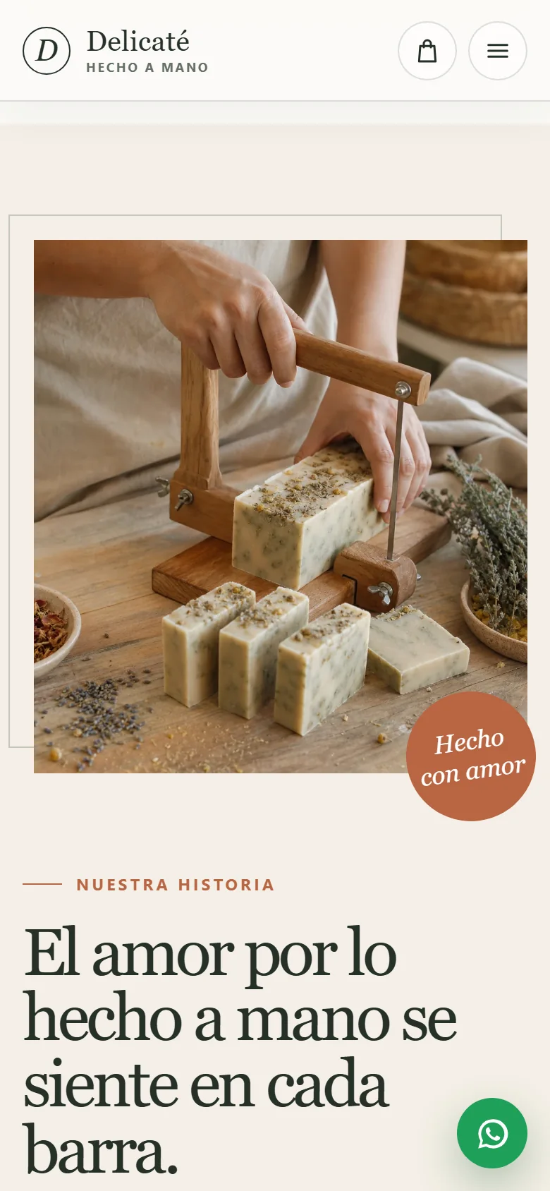 Our story section on mobile with the photo of soaps being cut