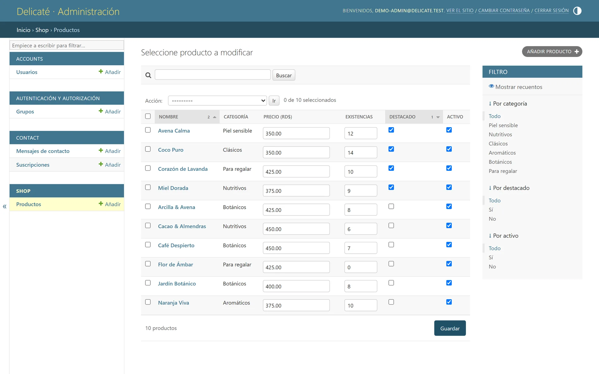 Django admin with ten products and editable price, stock, featured and active fields