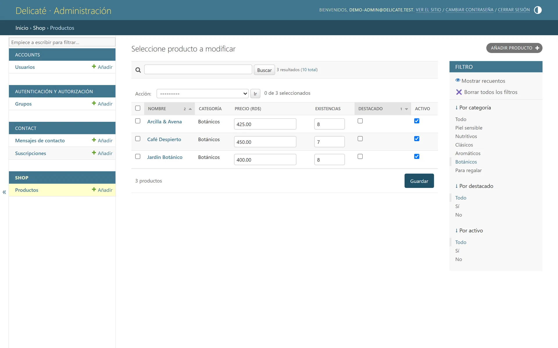 Admin product list filtered by Botanicals with three results