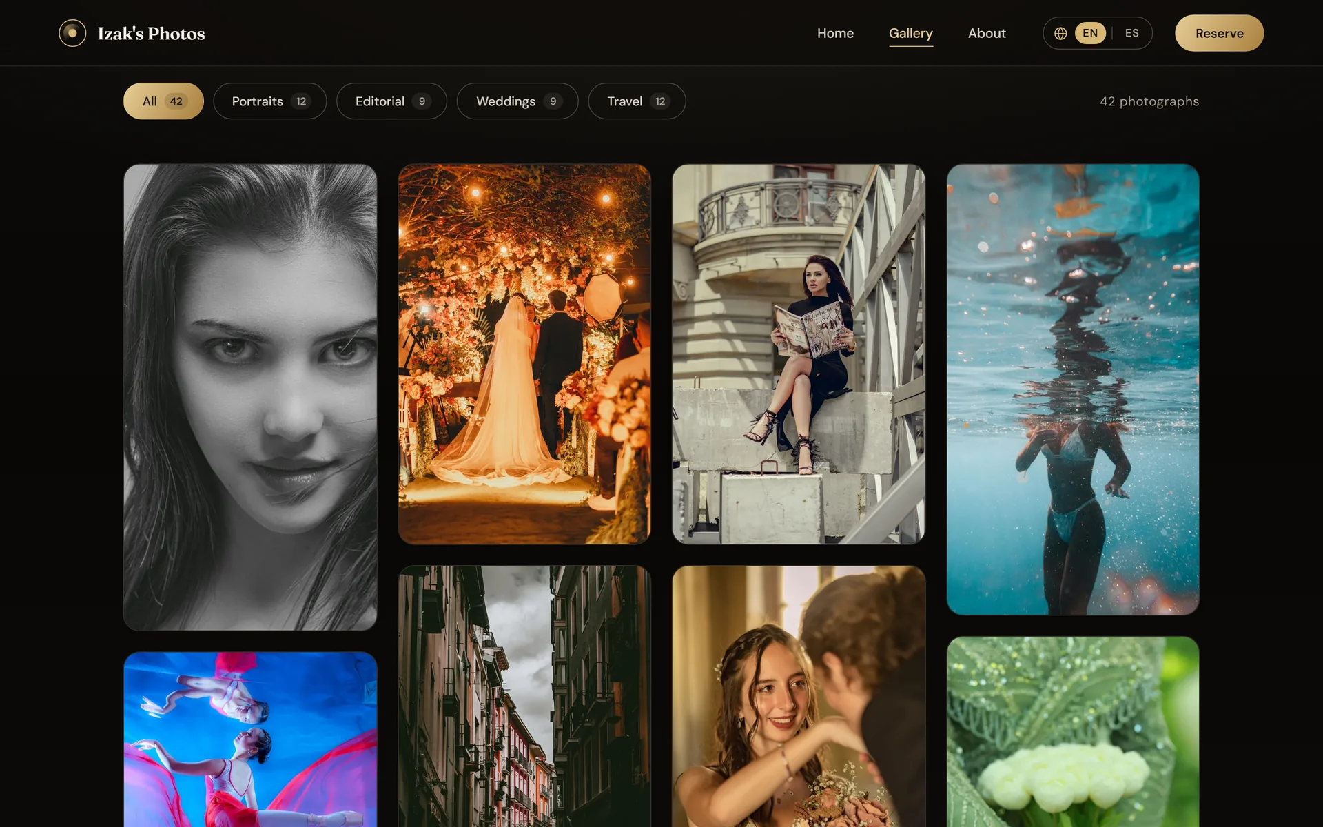 Photo mosaic mixing portrait, wedding, editorial and travel across four columns