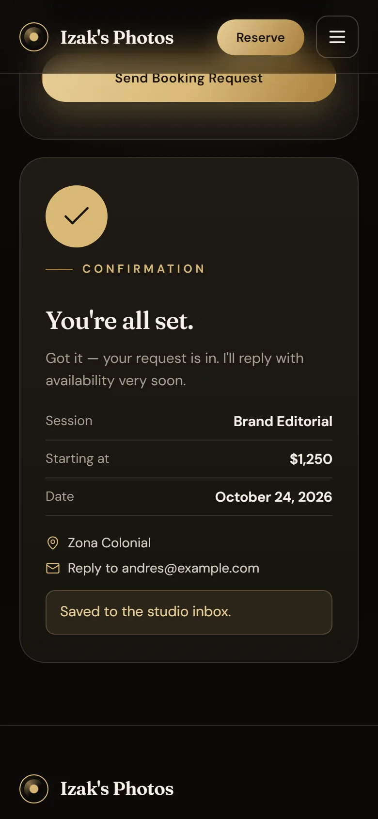 Booking confirmation on mobile with the session summary and the saved message
